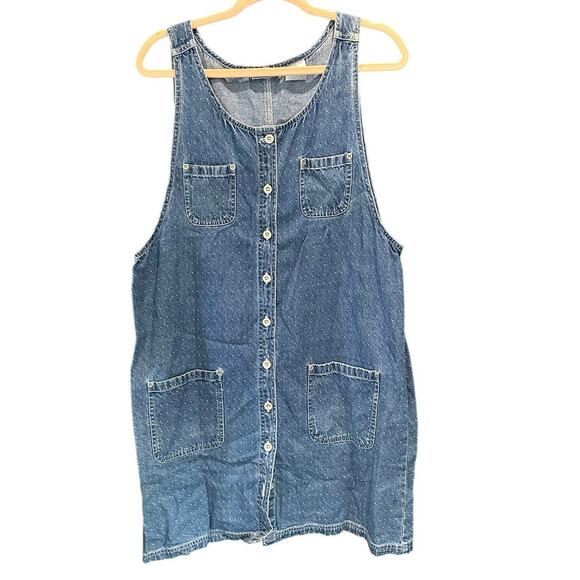 Vintage 90s Denim Polka Dot Boxy Apron Dress Classic Preppy 90s Minimalist - Picture 10 of 10